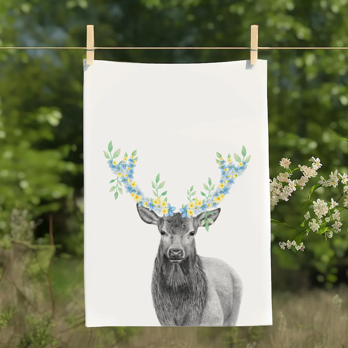 Floral Stag organic cotton tea towel